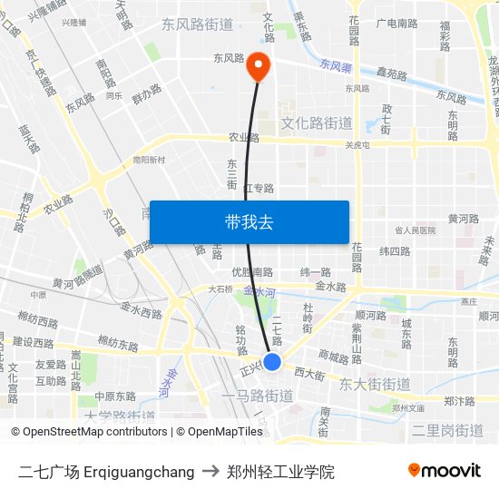 二七广场 Erqiguangchang to 郑州轻工业学院 map