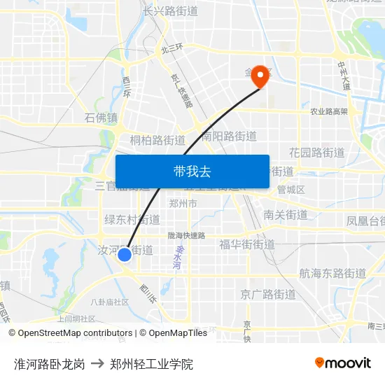 淮河路卧龙岗 to 郑州轻工业学院 map