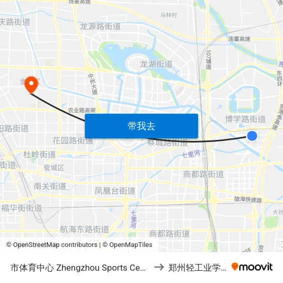 市体育中心 Zhengzhou Sports Center to 郑州轻工业学院 map