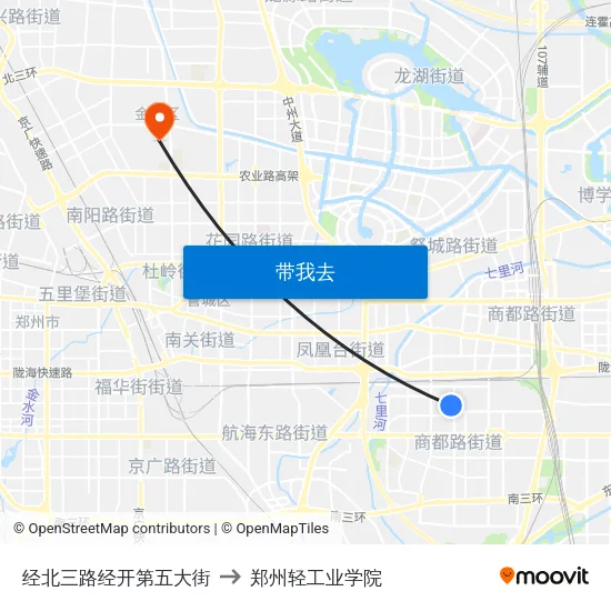 经北三路经开第五大街 to 郑州轻工业学院 map