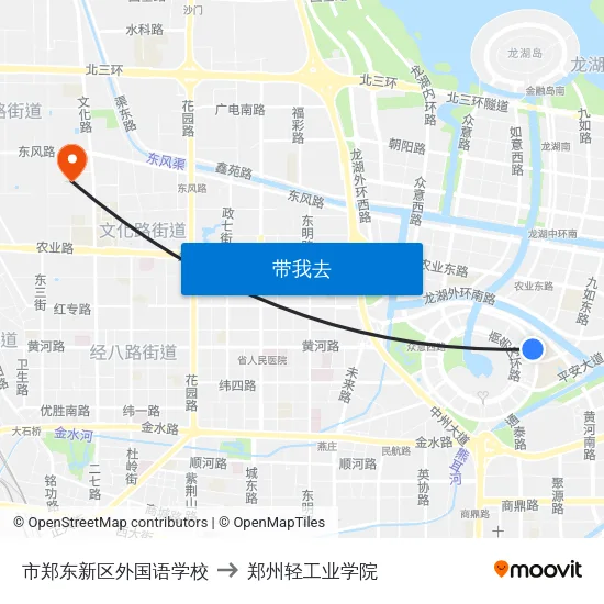 市郑东新区外国语学校 to 郑州轻工业学院 map