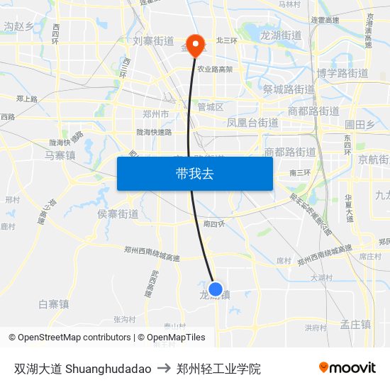 双湖大道 Shuanghudadao to 郑州轻工业学院 map