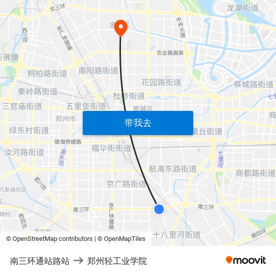 南三环通站路站 to 郑州轻工业学院 map