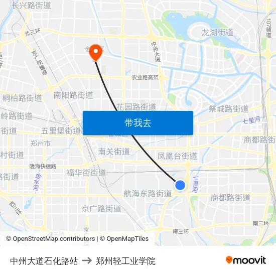 中州大道石化路站 to 郑州轻工业学院 map