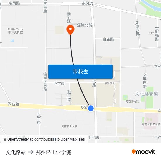 文化路站 to 郑州轻工业学院 map