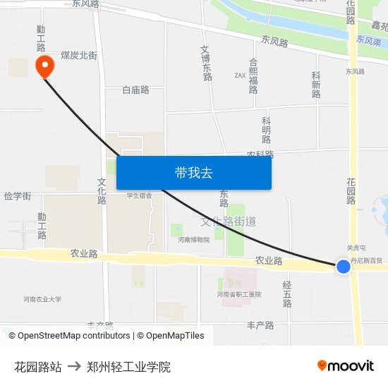 花园路站 to 郑州轻工业学院 map