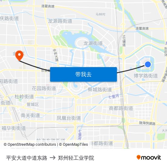 平安大道中道东路 to 郑州轻工业学院 map