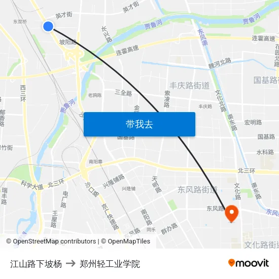江山路下坡杨 to 郑州轻工业学院 map