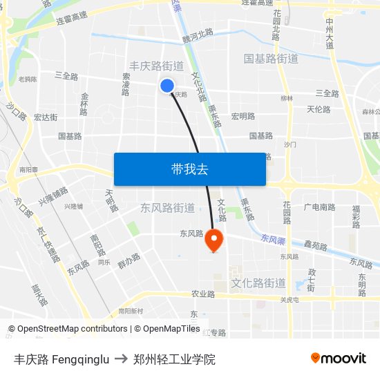 丰庆路 Fengqinglu to 郑州轻工业学院 map