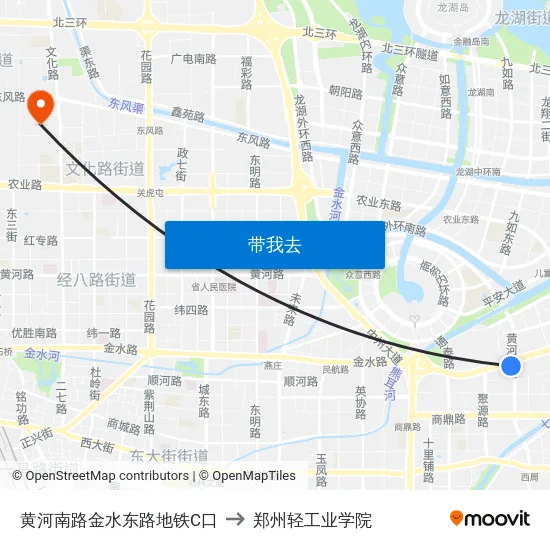 黄河南路金水东路地铁C口 to 郑州轻工业学院 map