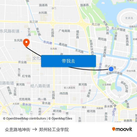 众意路地坤街 to 郑州轻工业学院 map