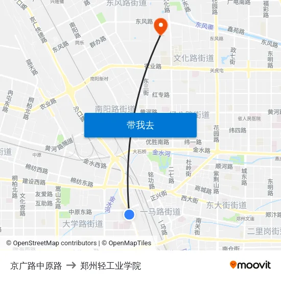 京广路中原路 to 郑州轻工业学院 map