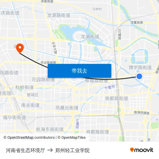 河南省生态环境厅 to 郑州轻工业学院 map