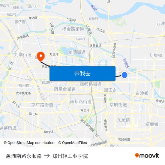 象湖南路永顺路 to 郑州轻工业学院 map