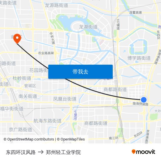 东四环汉风路 to 郑州轻工业学院 map