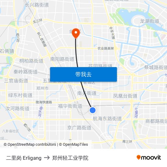 二里岗 Erligang to 郑州轻工业学院 map