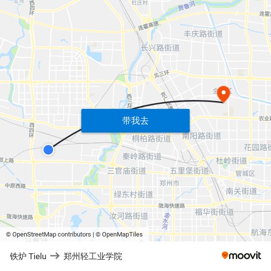 铁炉 Tielu to 郑州轻工业学院 map