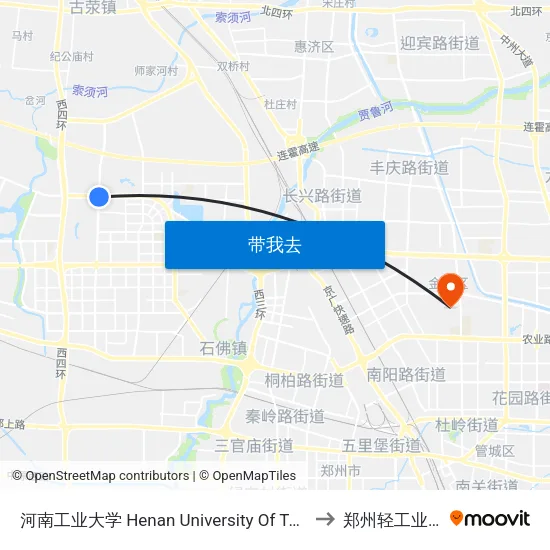 河南工业大学 Henan University Of Technology to 郑州轻工业学院 map