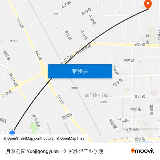 月季公园 Yuejigongyuan to 郑州轻工业学院 map