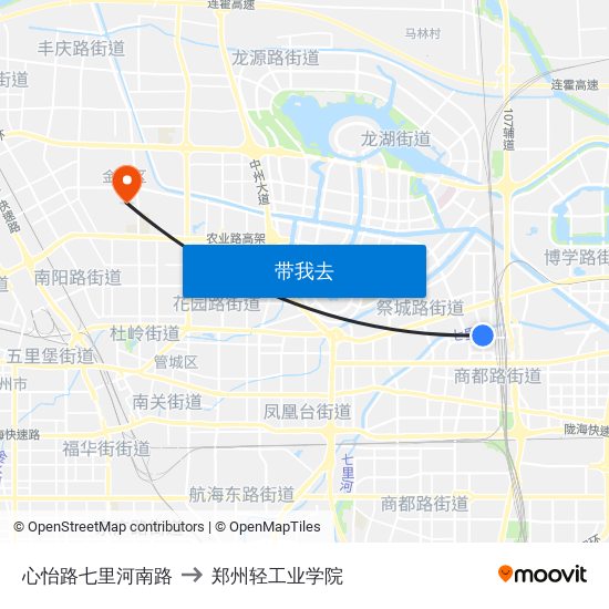 心怡路七里河南路 to 郑州轻工业学院 map