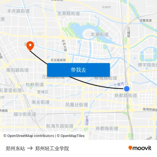 郑州东站 to 郑州轻工业学院 map