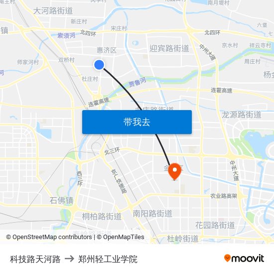 科技路天河路 to 郑州轻工业学院 map