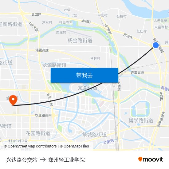 兴达路公交站 to 郑州轻工业学院 map