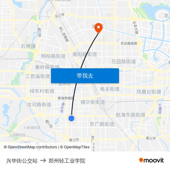 兴华街公交站 to 郑州轻工业学院 map