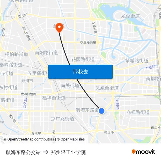 航海东路公交站 to 郑州轻工业学院 map