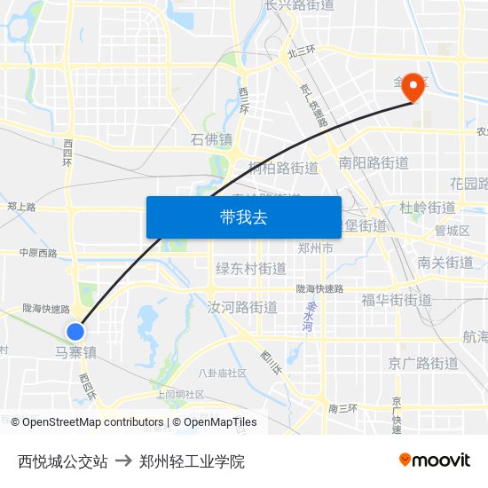 西悦城公交站 to 郑州轻工业学院 map