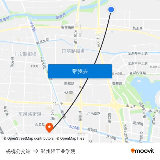杨槐公交站 to 郑州轻工业学院 map