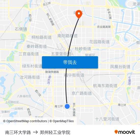 南三环大学路 to 郑州轻工业学院 map