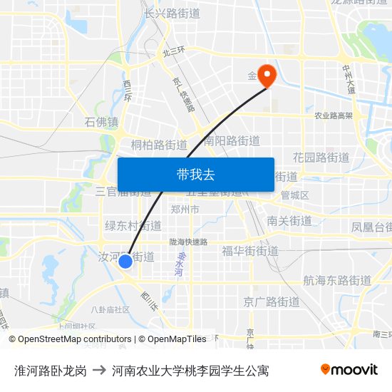 淮河路卧龙岗 to 河南农业大学桃李园学生公寓 map