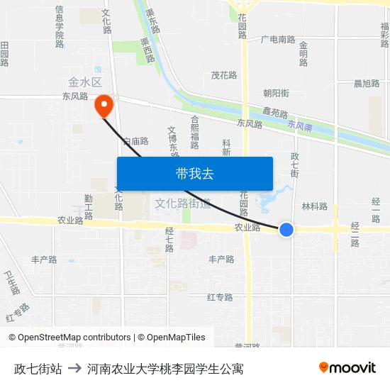 政七街站 to 河南农业大学桃李园学生公寓 map