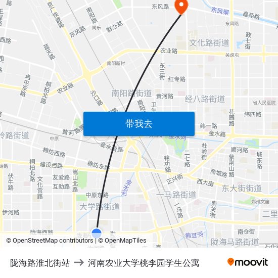 陇海路淮北街站 to 河南农业大学桃李园学生公寓 map