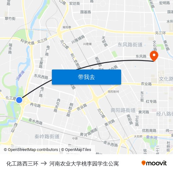 化工路西三环 to 河南农业大学桃李园学生公寓 map