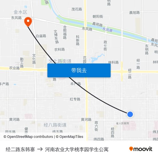 经二路东韩寨 to 河南农业大学桃李园学生公寓 map