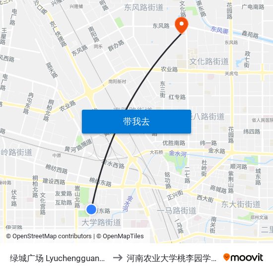 绿城广场 Lyuchengguangchang to 河南农业大学桃李园学生公寓 map