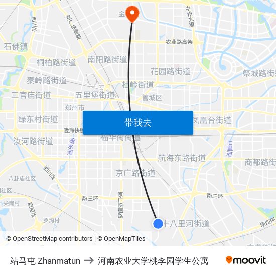 站马屯 Zhanmatun to 河南农业大学桃李园学生公寓 map