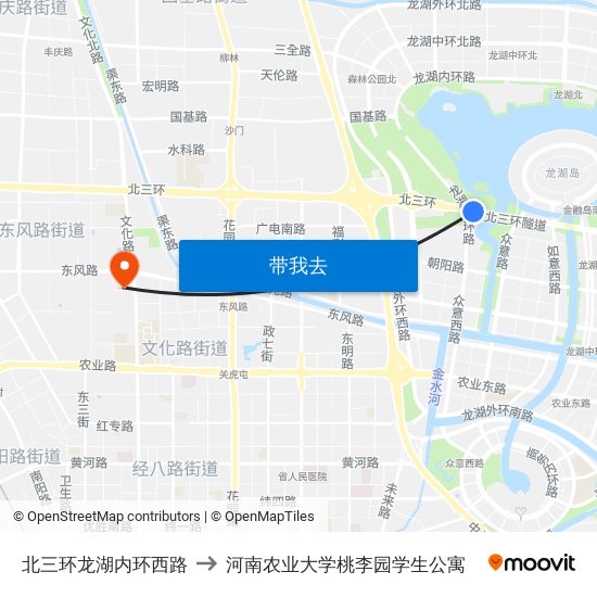 北三环龙湖内环西路 to 河南农业大学桃李园学生公寓 map