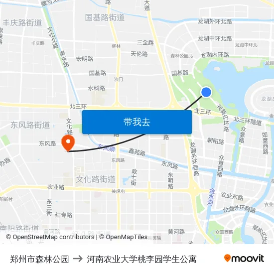 郑州市森林公园 to 河南农业大学桃李园学生公寓 map