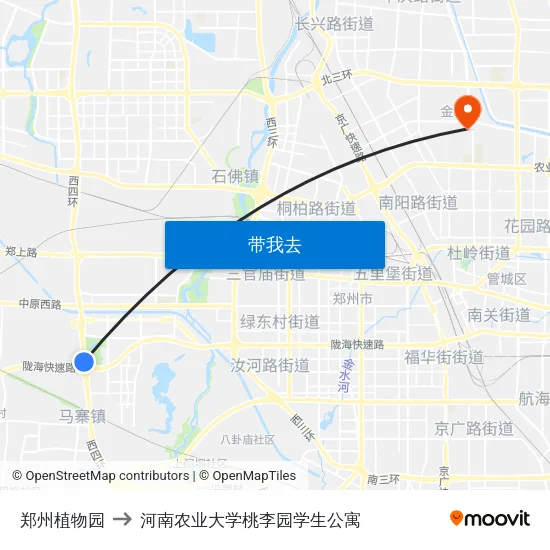 郑州植物园 to 河南农业大学桃李园学生公寓 map
