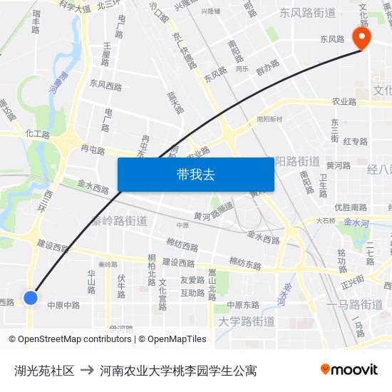 湖光苑社区 to 河南农业大学桃李园学生公寓 map