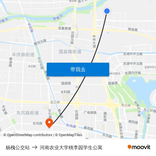 杨槐公交站 to 河南农业大学桃李园学生公寓 map