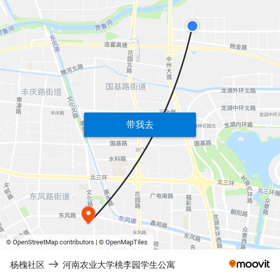 杨槐社区 to 河南农业大学桃李园学生公寓 map