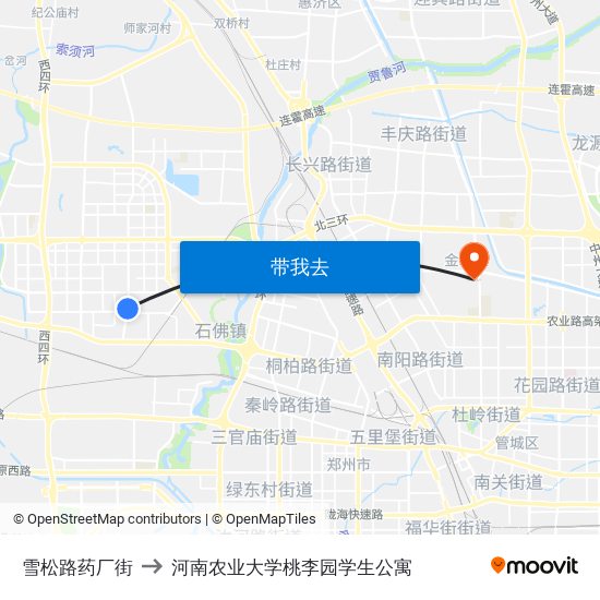 雪松路药厂街 to 河南农业大学桃李园学生公寓 map