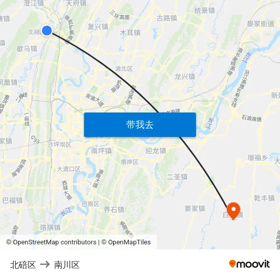 北碚区 to 南川区 map