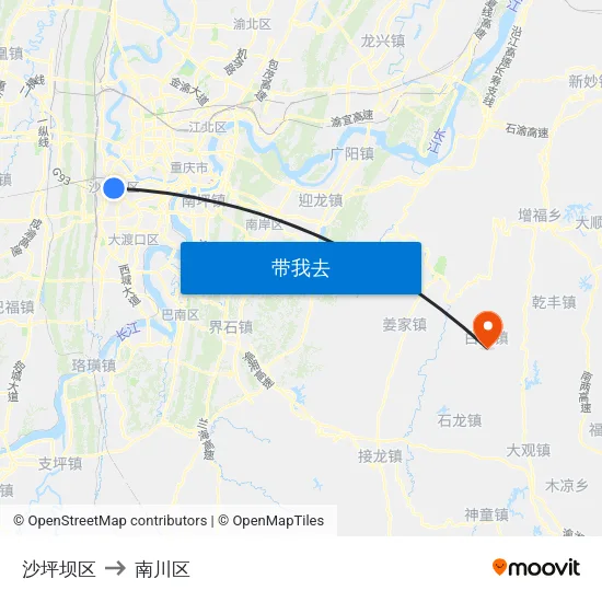 沙坪坝区 to 南川区 map