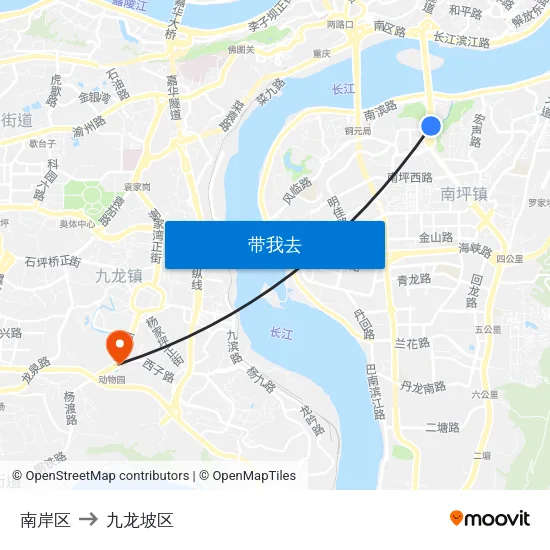 南岸区 to 九龙坡区 map