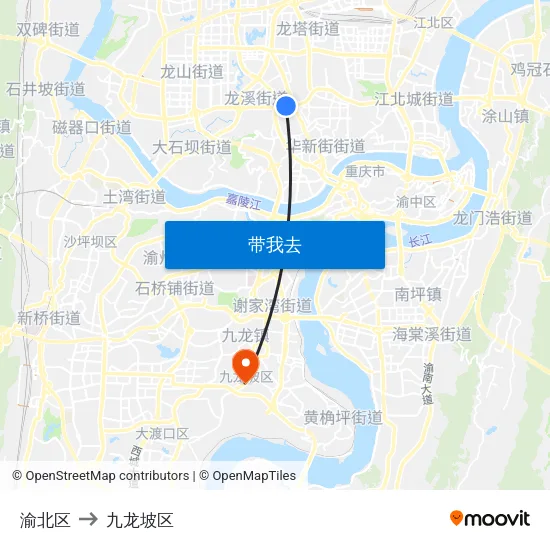 渝北区 to 九龙坡区 map